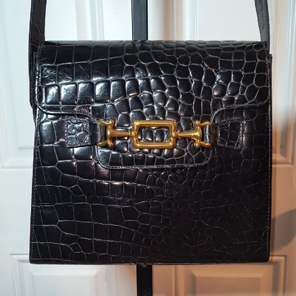 Vintage TALBOTS Black/Gold Crocodile Embossed Crossbody Bag NICE - Picture 1 of 15